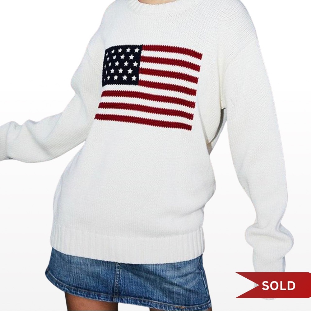 Brandy Melville American Flag Knit Sweater Oversized Pullover White - Picture 1 of 8